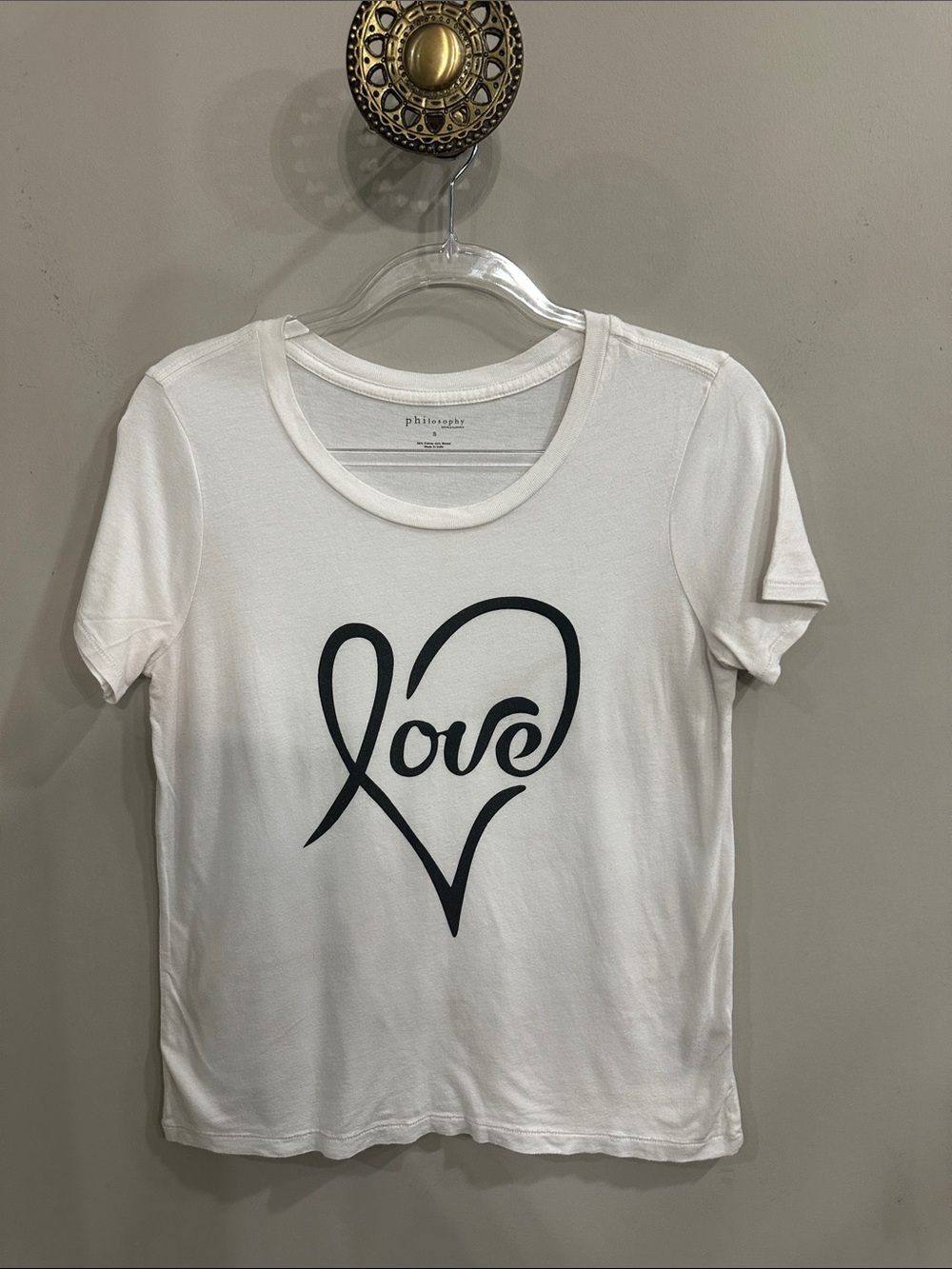 Philosophy White Tee with Black 'Love' Heart Graphic